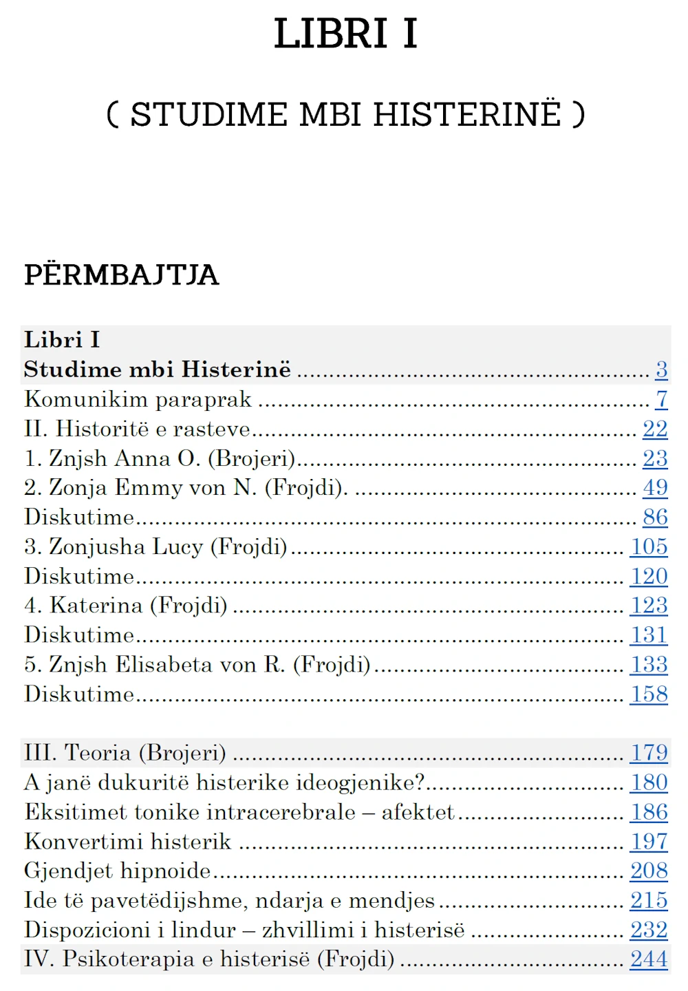 sStudime mbi Histerine - Përmbajtja